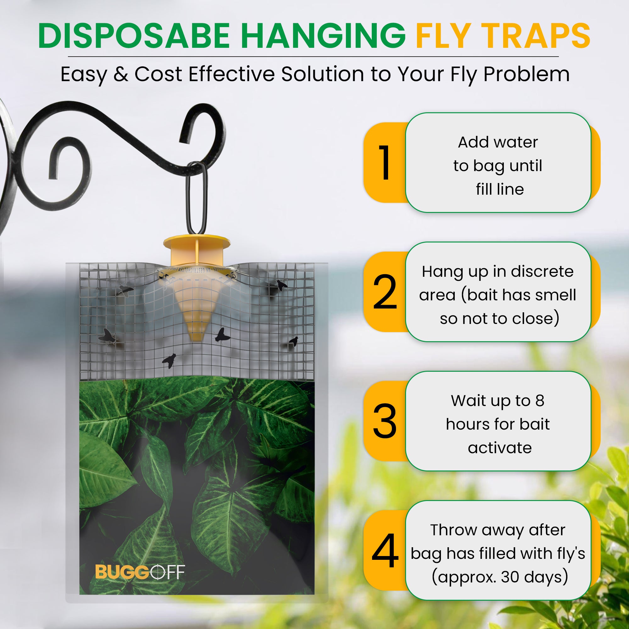 Outdoor Disposable Hanging Fly Traps with Natural Pre-Bait, 10,000 FLIES!