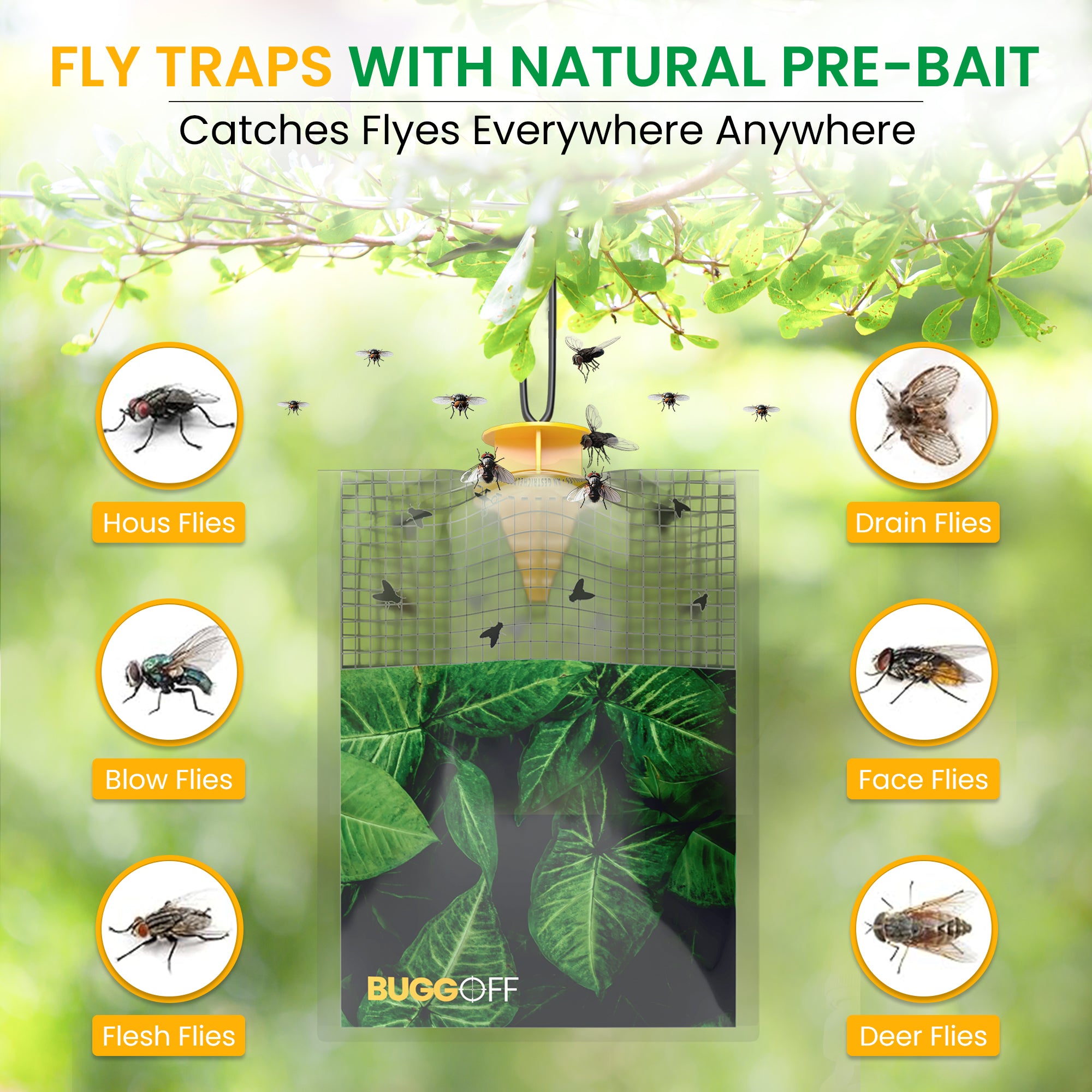 Outdoor Disposable Hanging Fly Traps with Natural Pre-Bait, 10,000 FLIES!